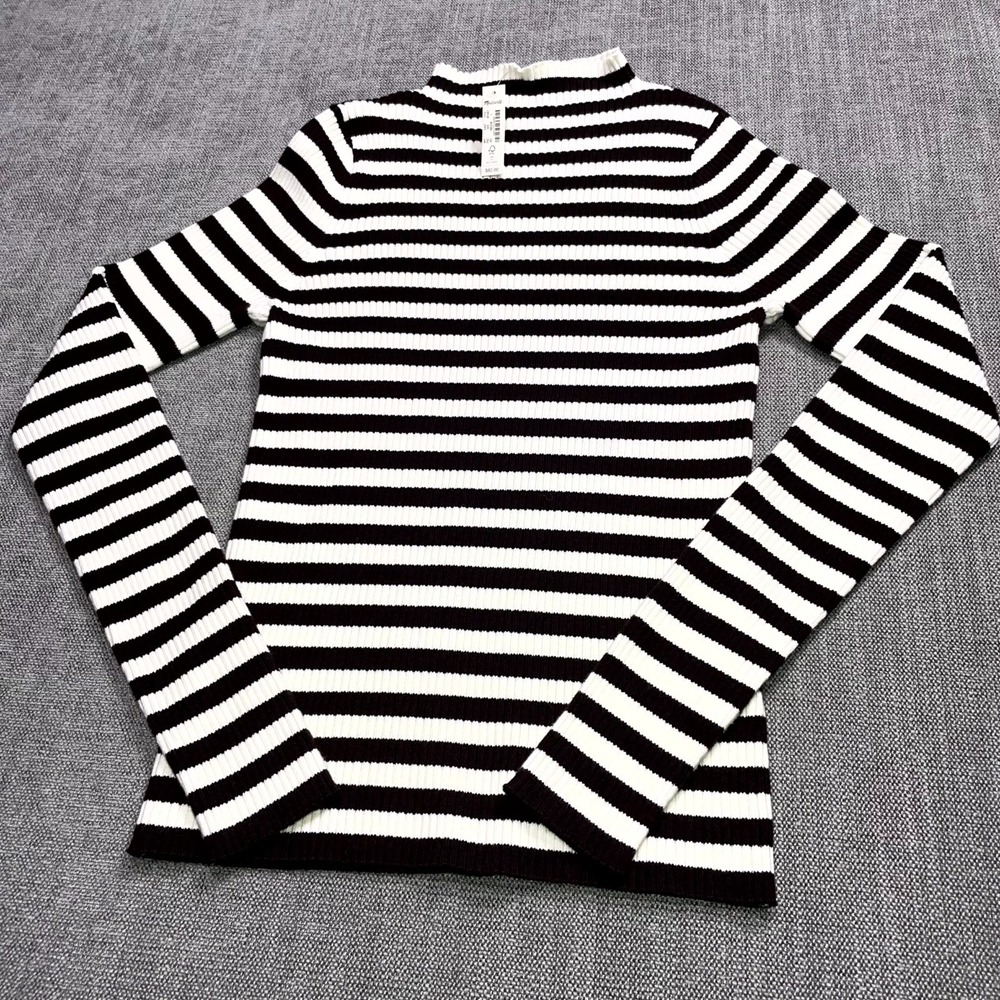 Madewell Sweater Womens L Black White Striped Ribbed Knit Mock Neck NT547
